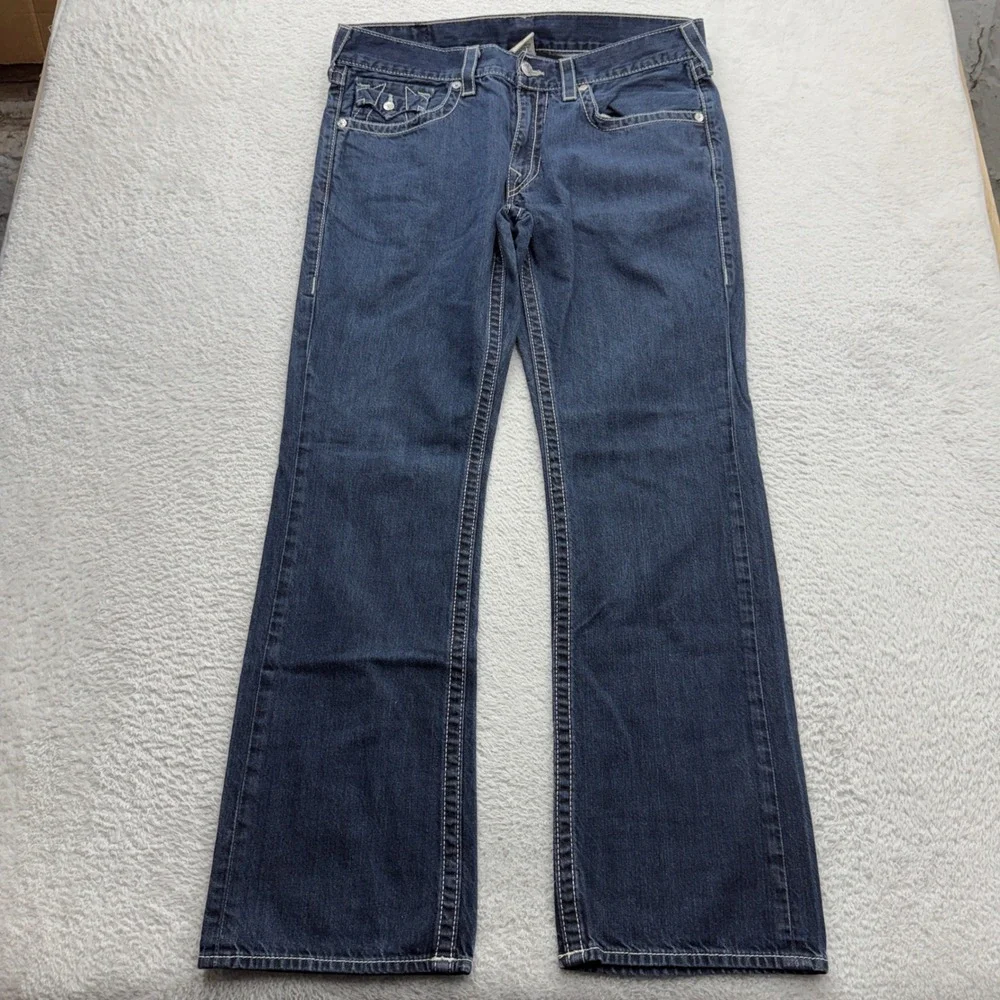 True Religion Mens Straight Leg Jeans Dark Wash White Big T Stitching 36 USA